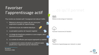 … ce qu’il permet
Pour rendre son étudiant actif, l’enseignant doit relever 6 défis :
1. Réduire le volume du contenu de son cours pour
augmenter la qualité de l’apprentissage.
2. (Optimiser) le peu de matériel didactique
3. La perception positive de l’exposé magistral
4. La charge de travail pour produire un cours soigné ( alors
synonyme de qualité)
5. Le contexte de diffusion pas toujours approprié ou maîtrisé
6. La résistance de certains étudiants qui préfèrent rester
passifs et/ou n’apprécient pas les interactions.
Réduire le décrochage et l’isolement.
Favoriser l’autonomie de l’étudiant.
Transforme l’apprentissage pour redevenir un plaisir
Favoriser
l’apprentissage actif
Bonwell et
Sutherland (1996)
 
