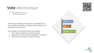 Vote électronique
Permet aux étudiants de voter avec leur téléphone ou
leur ordinateur portable et d’afficher les résultats sur un
graphique en temps réel.
Les activités de vote électronique sont idéales :
1. pour capter l'attention de grands groupes
2. augmenter les interactions enseignants / étudiants
3. renforcer les activités de classe inversée.
● Définir des restrictions d’accès
● … l’achèvement d’activité.
 