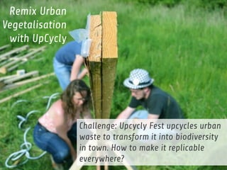 Challenge: Upcycly Fest upcycles urban waste to transform it into biodiversity in town. How to make it replicable everywhere? 
Remix Urban Vegetalisation with UpCycly  