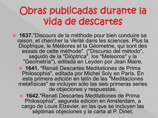 1649."Les Passions de l'âme", (más conocida entre nosotros como el "Tratado de las pasiones"), publicada por varios editores: en Holanda por Louis Elzevier y en Francia por Henri Le Gras, entre otros.Obras publicadas tras la muerte de descartesEl principal editor de Descartes es su cuñado Claude Clerselier. A la muerte de Descartes en Estocolmo el embajador de Francia Hector-Pierre Chanut se hace cargo de sus escritos, que envía a Clerselier, quien procede a editar algunas de sus obras y gran parte de su correspondencia: 