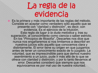       En el “Discurso del método” nos la presenta como la tercera regla del método. Recomienda comenzar por los primeros principios o proposiciones más simples percibidas intuitivamente (a las que se llega mediante el análisis) y proceder a deducir de una manera ordenada otras proposiciones, asegurándonos de no omitir ningún paso y de que cada nueva proposición se siga realmente de la precedente. Es el método empleado por la geometría euclidiana. Según Descartes, mientras que el análisis es el método del descubrimiento, y es el que utiliza en las “Meditaciones Metafísicas” y el “Discurso del método”, la síntesis es el método más apropiado para demostrar lo ya conocido, y es el  empleado en los “Principios de Filosofía”.La regla de la enumeracion Descartes la cita en el “Discurso del método” como la cuarta regla. Consiste en revisar cuidadosamente cada uno de los pasos de los que consta nuestra investigación hasta estar seguros de no omitir nada y de no haber cometido ningún error en la deducción.     Obras publicadas durante la vida de descartes 1637."Discours de la méthode pour bien conduire sa raison, et chercher la Verité dans les sciences. Plus la Dioptrique, le Météores et la Géometrie, qui sont des essais de cette méthode". ("Discurso del método", seguido de la "Dióptrica", los "Meteoros" y la "Geometría"), editada en Leyden por Jean Maire. 