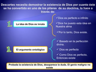 Descartes necesita demostrar la existencia de Dios por cuanto éste se ha convertido en uno de los pilares  de su doctrina, lo hace a través de: 1. La idea de Dios es innata Dios es perfecto e infinito Dios ha puesto esta idea en Nuestra alma Por lo tanto, Dios existe. 2. El argumento ontológico Basado en la perfección divina. Dios es perfecto Como Dios es perfecto, Entonces existe Probada la existencia de Dios, desaparece la duda. El genio maligno no existe 