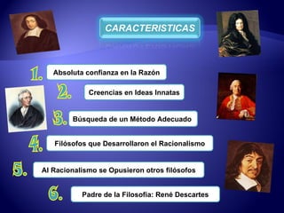 1. Absoluta confianza en la Razón Filósofos que Desarrollaron el Racionalismo Al Racionalismo se Opusieron otros filósofos Creencias en Ideas Innatas Búsqueda de un Método Adecuado  5. 2. 4. 3. Padre de la Filosofía: René Descartes 6. 