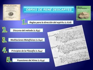 1. Discurso del método (1.635) Reglas para la dirección del espíritu (1.628) Meditaciones Metafísicas (1.641) Posesiones del Alma (1.649) Principios de la Filosofía (1.644) 3. 4. 5. 2. 