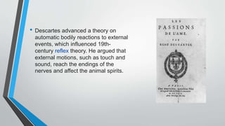 • Descartes advanced a theory on
automatic bodily reactions to external
events, which influenced 19th-
century reflex theory. He argued that
external motions, such as touch and
sound, reach the endings of the
nerves and affect the animal spirits.
 