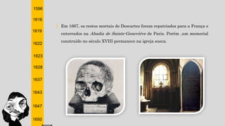 1596
1616
1619
1622
1623
1628
1637
1643
1647
1650
† Em 1667, os restos mortais de Descartes foram repatriados para a França e
enterrados na Abadia de Sainte-Geneviève de Paris. Porém ,um memorial
construído no século XVIII permanece na igreja sueca.
 