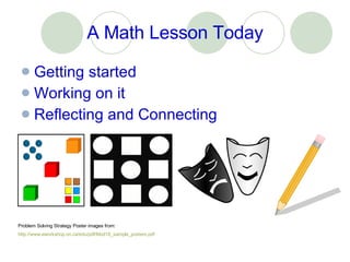 A Math Lesson Today Getting started Working on it Reflecting and Connecting Problem Solving Strategy Poster images from: http://www.eworkshop.on.ca/edu/pdf/Mod18_sample_posters.pdf 