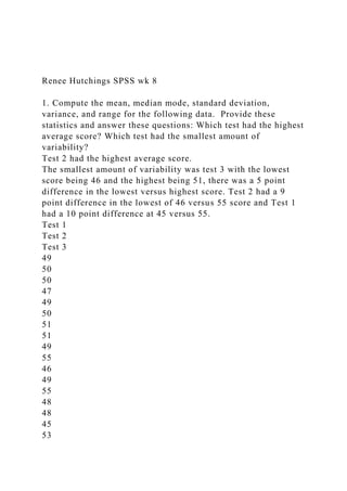 Renee Hutchings SPSS wk 8
1. Compute the mean, median mode, standard deviation,
variance, and range for the following data. Provide these
statistics and answer these questions: Which test had the highest
average score? Which test had the smallest amount of
variability?
Test 2 had the highest average score.
The smallest amount of variability was test 3 with the lowest
score being 46 and the highest being 51, there was a 5 point
difference in the lowest versus highest score. Test 2 had a 9
point difference in the lowest of 46 versus 55 score and Test 1
had a 10 point difference at 45 versus 55.
Test 1
Test 2
Test 3
49
50
50
47
49
50
51
51
49
55
46
49
55
48
48
45
53
 