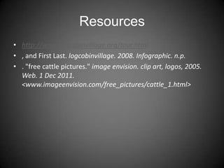 Resources
• http://www.logcabinvillage.org/tour.html
• , and First Last. logcobinvillage. 2008. Infographic. n.p.
• . "free cattle pictures." image envision. clip art, logos, 2005.
  Web. 1 Dec 2011.
  <www.imageenvision.com/free_pictures/cattle_1.html>
 