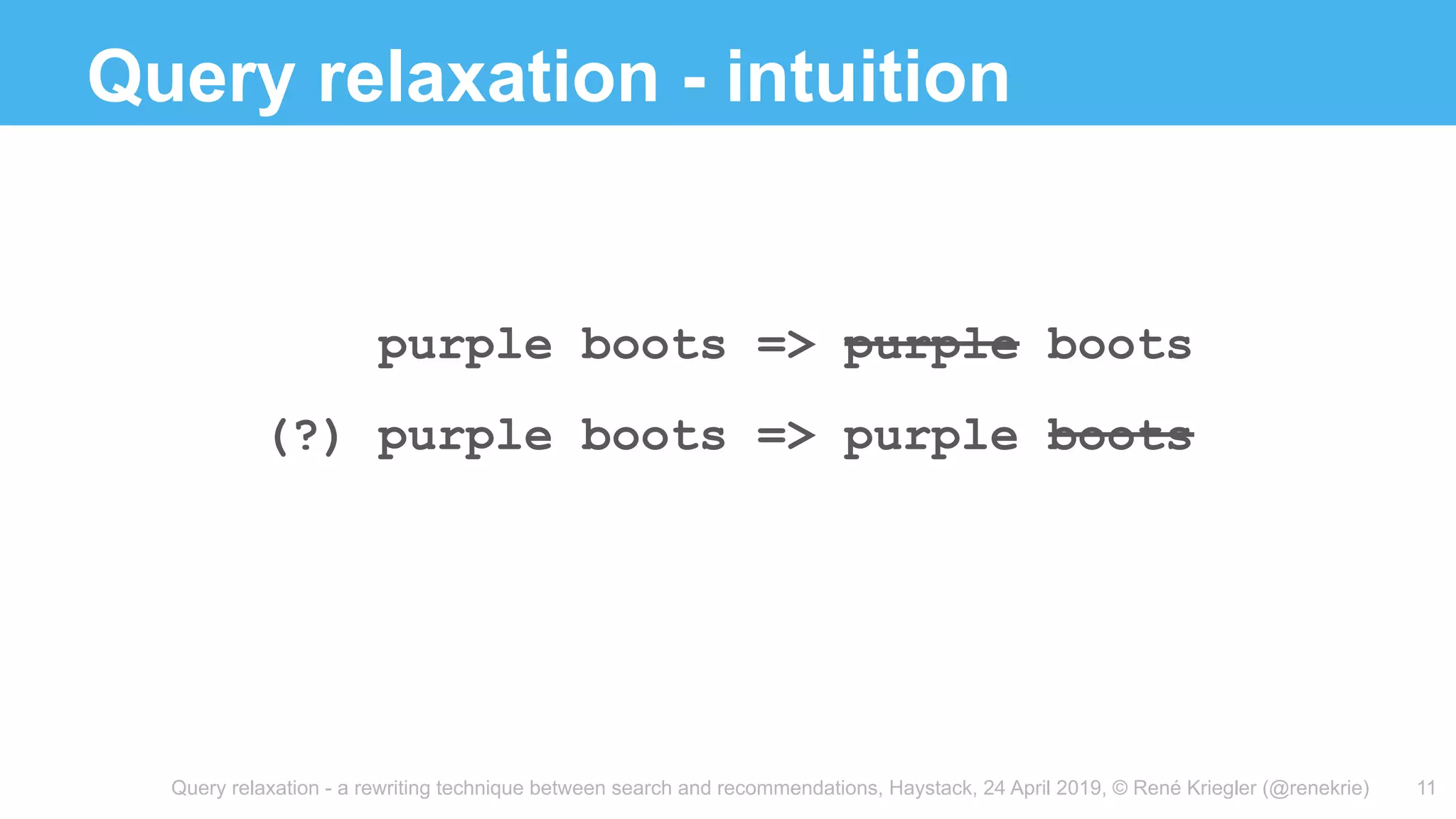 Query relaxation - a rewriting technique between search and recommendations, Haystack, 24 April 2019, © René Kriegler (@renekrie)
Query relaxation - intuition
11
purple boots => purple boots
(?) purple boots => purple boots
 