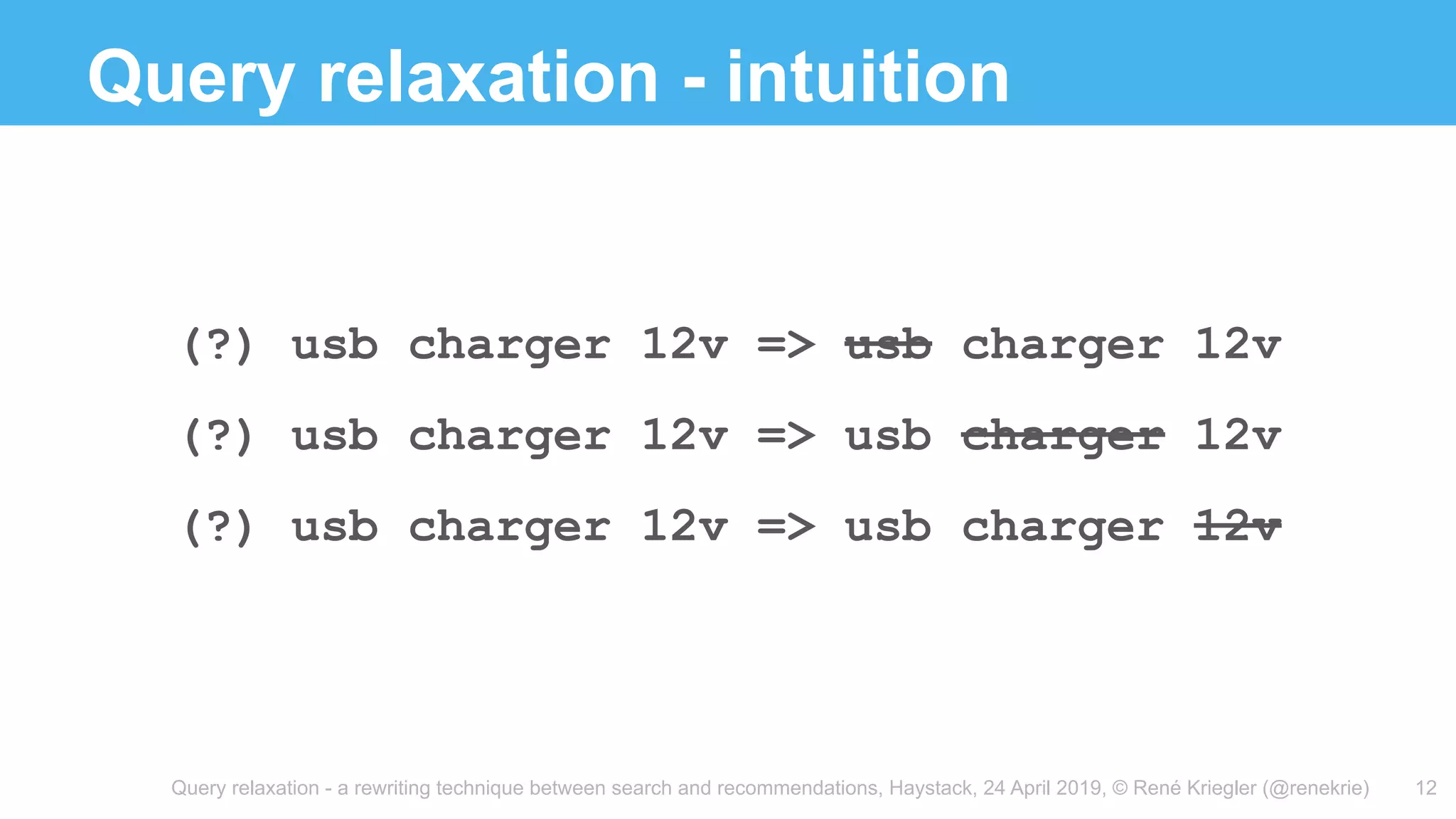 Query relaxation - a rewriting technique between search and recommendations, Haystack, 24 April 2019, © René Kriegler (@renekrie)
Query relaxation - intuition
12
(?) usb charger 12v => usb charger 12v
(?) usb charger 12v => usb charger 12v
(?) usb charger 12v => usb charger 12v
 