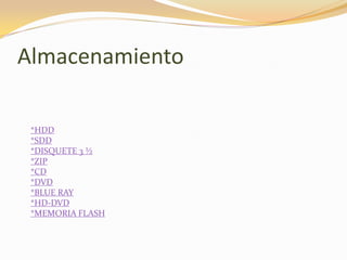 Almacenamiento

 *HDD
 *SDD
 *DISQUETE 3 ½
 *ZIP
 *CD
 *DVD
 *BLUE RAY
 *HD-DVD
 *MEMORIA FLASH
 