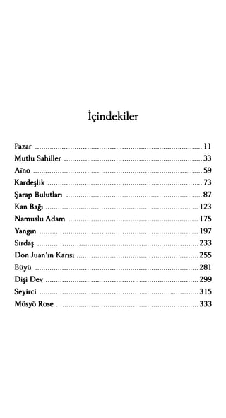 İçindekiler
Pazar .................................................................. . . . ... ......... 11
Mutlu Sahiller ............................ ............... ........ . . . ............. 33
Alno ..................... ..... . . ............ .......... ......... .......... ............. 59
Kardeşlik ............. . . . ..... . ........ ...... .............. . . .... . . . . . .............. 73
Şarap Bulutlan ..................................................................87
Kan Bağı . . .......... . . . ............................. .............................. 123
Namuslu Adam ..................... ................................... ....... 175
Yangın .......................... . .. . . . . . . ...... .......... . . . ....... ................ 197
Sırdaş .................................................. . . . . ......... . . . ............ 233
Don Juan'ın Karısı .................. ................ ..... .................... 255
Büyü ............................................. ........ ............. .... ......... 281
Dişi Dev .... ........................................... .............. ............. 299
Seyirci ............................................ ................................. 315
Mösyö Rose ......................................... ........................ .... 333
 