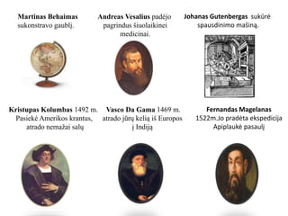 Martinas Behaimas
sukonstravo gaublį.
Andreas Vesalius padėjo
pagrindus šiuolaikinei
medicinai.
Johanas Gutenbergas sukūrė
spausdinimo mašiną.
Kristupas Kolumbas 1492 m.
Pasiekė Amerikos krantus,
atrado nemažai salų
Vasco Da Gama 1469 m.
atrado jūrų kelią iš Europos
į Indiją
Fernandas Magelanas
1522m.Jo pradėta ekspedicija
Apiplaukė pasaulį
 