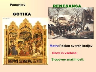Ponovitev Motiv:   Poklon sv treh kraljev Snov in vsebina: Slogovne značilnosti: GOTIKA RENESANSA 