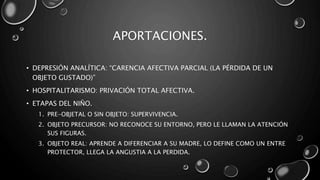 APORTACIONES.
• DEPRESIÓN ANALÍTICA: “CARENCIA AFECTIVA PARCIAL (LA PÉRDIDA DE UN
OBJETO GUSTADO)”
• HOSPITALITARISMO: PRIVACIÓN TOTAL AFECTIVA.
• ETAPAS DEL NIÑO.
1. PRE-OBJETAL O SIN OBJETO: SUPERVIVENCIA.
2. OBJETO PRECURSOR: NO RECONOCE SU ENTORNO, PERO LE LLAMAN LA ATENCIÓN
SUS FIGURAS.
3. OBJETO REAL: APRENDE A DIFERENCIAR A SU MADRE, LO DEFINE COMO UN ENTRE
PROTECTOR, LLEGA LA ANGUSTIA A LA PERDIDA.
 