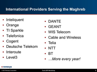 © 2013 Renesys Corporation Tunis IXP Workshop 6
International Providers Serving the Maghreb
•  Inteliquent
•  Orange
•  TI Sparkle
•  Telefonica
•  Cogent
•  Deutsche Telekom
•  Interoute
•  Level3
•  DANTE
•  GEANT
•  WIS Telecom
•  Cable and Wireless
•  Telia
•  NTT
•  BT
•  …More every year!
 