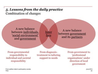 PwC
5. Lessons from the daily practice
Combination of changes
A new balance
between individuals,
‘social environment’
and government
A new balance
between government
and its partners
June 2013From welfare state to participatory society
22
From governmental
responsibility to
individual and societal
responsibility
From diagnosis-
treatment to tailoring
support to needs
From government to
‘professional
organizations’ under
direction of local
government
Inter
face
 