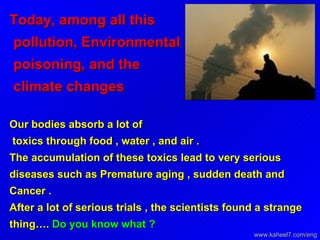 Today, among all this  pollution, Environmental  poisoning, and the  climate changes   Our bodies absorb a lot of  toxics through food , water , and air .  The accumulation of these toxics lead to very serious diseases such as Premature aging , sudden death and Cancer .  After a lot of serious trials , the scientists found a strange thing….  Do you know what ? www.kaheel7.com/eng 