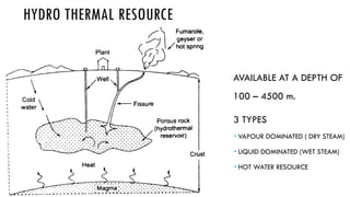 HYDRO THERMAL RESOURCE
AVAILABLE AT A DEPTH OF
100 – 4500 m.
3 TYPES
 VAPOUR DOMINATED ( DRY STEAM)
 LIQUID DOMINATED (WET STEAM)
 HOT WATER RESOURCE
 