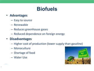 Biofuels
• Advantages
– Easy to source
– Renewable
– Reduces greenhouse gases
– Reduced dependence on foreign energy
• Disadvantages
– Higher cost of production (lower supply than gasoline)
– Monoculture
– Shortage of food
– Water Use
.
 