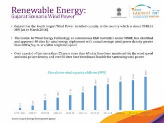 15
Renewable Energy:
Gujarat ScenarioWind Power
Source:Gujarat Energy DevelopmentAgency
• Gujarat has the fourth largest Wind Power installed capacity in the country which is about 3948.61
MW (as on March 2016)
• The Centre for Wind Energy Technology, an autonomous R&D institution under MNRE, has identified
and approved 40 sites for wind energy deployment with annual average wind power density greater
than 200 W/sq. m. at a 50 m height in Gujarat
• Over a period of last more than 25 years more than 65 sites have been monitored for the wind speed
and wind powerdensity, and over50 sites havebeen foundfeasible forharnessingwind power
271
555
1171
1485
1782
2095
2885
3071
3351
3540
3949
UPTO 2005 2006-07 2007-08 2008-09 2009-10 2010-11 2011-12 2012-13 2013-14 2014-15
(P)
2015-16
(P)
Cumulativewind-capacity additions (MW)
 