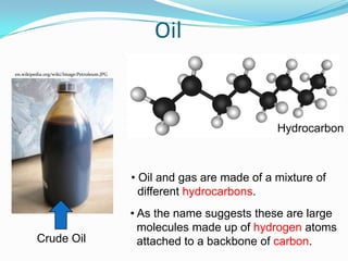 Oil
en.wikipedia.org/wiki/Image:Petroleum.JPG




                                                                        Hydrocarbon



                                            • Oil and gas are made of a mixture of
                                              different hydrocarbons.
                                            • As the name suggests these are large
                                              molecules made up of hydrogen atoms
         Crude Oil                            attached to a backbone of carbon.
 