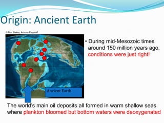 Origin: Ancient Earth
 © Ron Blakey, Arizona Flagstaff



                                                   • During mid-Mesozoic times
                                                     around 150 million years ago,
                                                     conditions were just right!




                                   Ancient Earth


  The world’s main oil deposits all formed in warm shallow seas
  where plankton bloomed but bottom waters were deoxygenated
 