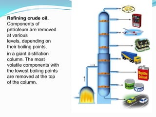 Refining crude oil.
Components of
petroleum are removed
at various
levels, depending on
their boiling points,
in a giant distillation
column. The most
volatile components with
the lowest boiling points
are removed at the top
of the column.
 