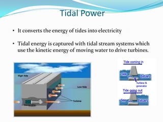 Tidal Power
• It converts the energy of tides into electricity

• Tidal energy is captured with tidal stream systems which
  use the kinetic energy of moving water to drive turbines.
 