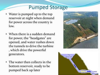Pumped Storage
• Water is pumped up to the top
  reservoir at night when demand
  for power across the country is
  low.

• When there is a sudden demand
  for power, the “headgates” are
  opened, and water rushes down
  the tunnels to drive the turbine
  , which drive the powerful
  generators.

• The water then collects in the
  bottom reservoir, ready to be
  pumped back up later
 