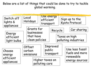 Below are a list of things that could be done to try to tackle global warming.  Switch off lights & appliances Taxes on high polluting industries Choose energy efficient appliances Sign up to the Kyoto Protocol Recycle Use less fossil fuels and more renewable energy sources Use energy efficient transport Car sharing Improved public transport Higher taxes on polluting cars Grants for businesses that have clean policies Energy efficient light bulbs Offset carbon emissions Local Holidays 