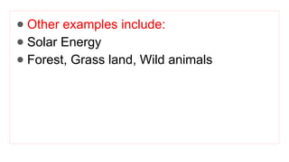 ● Other examples include:
● Solar Energy
● Forest, Grass land, Wild animals
 