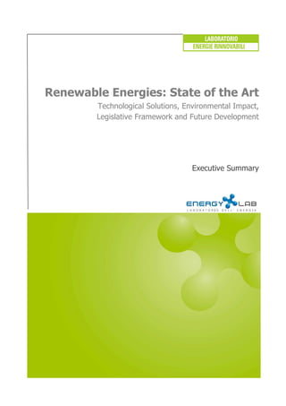 Renewable Energies: State of the Art
        Technological Solutions, Environmental Impact,
        Legislative Framework and Future Development




                                   Executive Summary
 