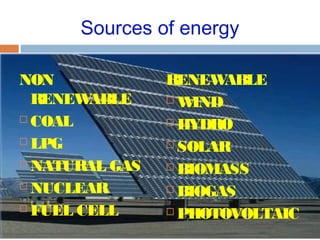 Sources of energy
NON
RENEWABLE
 COAL
 LPG
 NATURAL GAS
 NUCLEAR
 FUEL CELL
RENEWABLE
 WIND
 HYDRO
 SOLAR
 BIOMASS
 BIOGAS
 PHOTOVOLTAIC
 