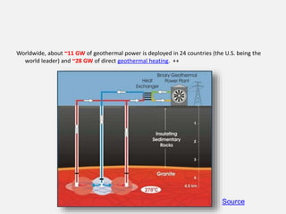 Worldwide, about ~11 GW of geothermal power is deployed in 24 countries (the U.S. being the
world leader) and ~28 GW of direct geothermal heating. ++
Source
 