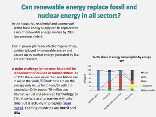 0
20
40
60
80
100
120
Percent
Sector share of energy consumption by energy
type
Coal
Oil
Gas
Nuclear
Renewable
In the industrial, residential and commercial
sector fossil energy supply can be replaced by
a mix of renewable energy sources by 2030
(see previous slides).
Coal in power plants for electricity generation,
can be replaced by renewable energy and
backed up by nuclear energy generated by fast
breeder reactors
A major challenge for the near future will be
replacement of oil used in transportation. As
of 2011 there were more than one billion cars
in use in the world,[2][3]and these are on the
average only in use for 1 hour/24 with 1.6
people/car. Only around 70 million use
alternative fuel and advanced technology (<
7%). A switch to alternatives will take
time but is actually in progress (read
more). Leading countries are Brazil and
USA
 