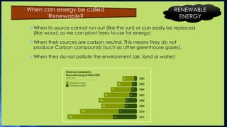 When its source cannot run out (like the sun) or can easily be replaced
(like wood, as we can plant trees to use for energy)
When their sources are carbon neutral. This means they do not
produce Carbon compounds (such as other greenhouse gases).
When they do not pollute the environment (air, land or water)
When can energy be called
'Renewable?
RENEWABLE
ENERGY
 