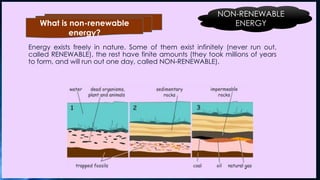 Energy exists freely in nature. Some of them exist infinitely (never run out,
called RENEWABLE), the rest have finite amounts (they took millions of years
to form, and will run out one day, called NON-RENEWABLE).
What is non-renewable
energy?
NON-RENEWABLE
ENERGY
 