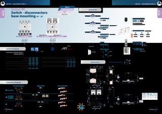 2322 dimensions:   inches   millimeters
H max
(Cu)
L max
(Cu)
M
in - mm in - mm Nxm lbfxin
0.08x0.28
2x7
3.15
80
M14 55 486,79
S5DC
S5DC
A
2P4P
S5-18004PS0
S5-18004PS0
S5-18002ES0
S5-20002ED0
4P 2P
10 25540
3.93
100
2.36 
60
1.41 
36
8.22  209
17.36  441
9.13  232
ø0.43
11
12.8 3258.68 220,5 6.37  162
1.96 
50
2.36
60
max 10.2  260
min 3.74  95
1.65
420.55
14
0.39 
10
S5-18004PS0 S5-18002ES0 S5-20002ED0
1250  1800  2000
L
P
1250 A
1800 A
2000 A
series
series
SWITCH - DISCONNECTORS O-ISWITCH - DISCONNECTORS O-I
*(1)
Other voltages and / or utilization categories. Please consult
*(2)
Without limiting protective device (short-circuit maintained 50... 200 ms.)
*(3)
Please consult us for more operations
*(4)
Rated operational current AC22B
tests:
Size 4
CODE - 1250A  CODE - 1800A  CODE - 2000A 
1250 1800 2000
Rated thermal current
in ambient at
RH 60%
Ith 40º C A 1250 1800 2000
50º C A 1250 1620 1800
60º C A 1250 1260 1600
Rated insulation voltage DC20 Ui V 1500 1500 1500
Rated dielectric strength 50 Hz., 1 min. V 10000 10000 10000
Rated impulse withstand voltage Uimp kV 12 12 12
Rated operational current *(1)
  
DC21B
Ie Ue
1000 Vdc A 1250 1800 2000
1250 1800 2000
Short - circuit behaviour
Short - circuit making capacity *(2)
Icm
kA
(peak)
60 60 60
Minimun number of mechanical operations *(3)
Cycles 10000 10000 10000
Minimum number of electrical operations
DC21B
1000V
Cycles 100 100 100
Maximum weight (without bridging links) Kg 20,8 20,8 20,8
Connection diagram Bridging links Terminal shrouds
A
B
C
According to IEC / EN 60947-1
IEC / EN 60947-3
Accessories
Dimensions
Connection diagram
Panel drilling for panel handle
	Direct handle
	 CODE DS-LI41
	Panel handle  without shaft
	IP65  UL50E/NEMA 250
	 Types: 1, 3R, 4, 4X y 12
	 CODE DS-LA43
	Panel handle  shaft included *(e1)
	IP65  UL50E/NEMA 250
	 Types: 1, 3R, 4, 4X y 12
	 CODE DS-LA41
	Auxiliary contacts
	 1NA+1NC  CODE D5LAU01
	2NA+2NC  CODE D5LAU02
	 Ie = 16 A (resistive loads)
	 4 A (inductive loads) at 250 Vac.
	Shafts
Standard shaft included *(e1)
L P
239 235... 400
Shaft extensions
Type 1
L P CODE
485 235... 686 DS-EP44
Type 2
L P CODE
635 235... 836 DS-EP45
	Terminal shrouds  (2 units for 4P)
A B C
TOP DS-CU48 DS-CU40 DS-CU40
BOTTOM DS-CU49 DS-CU41 DS-CU48
consult
	Bridging links  (2 units)
	 For  S5-18004PS0	 A B   CODE  DS-PI41 (2 units)
			 C   CONSULT
*(P2)
	For S5-18002ES0
S5-20002ED0	
B   CODE  DS-PI4D (2 units)
	 	 C   CONSULT
*(P2)
To meet the operation and electrical features, the product
installed must incorporate these bridging links.
S5000 DC
Technical features
18.58 472
6.37  162
1.96 
50
0.39 
10
9.44 240
2.36
60
max 10.2  260
min 3.74  95
1.65
420.55
14
17.36  441
17.36 441
8.22  209 9.13  232
ø0.43
11
12.99 330
10 2551.57
40
3.93
100
3.93
100
3.93
100
2.36 
60
1.41 
36
ø0.55  14,1 M14
1.57
40
1.10
28
1.57
40
ø0.22
ø5,5
ø1.34
ø34
2.36
60
15.6  396
7.87
200
6.38
162
2.36
60
15.6  396
7.87
200
6.38
162
3.93
100
3.93
100
9.44 240
Switch - disconnectors
base mounting 4P - 2P
ø0.55  14,1 M14
ø0.55  14,1 M14
ø0.55  14,1 M14
1000 Vdc
consult
 
