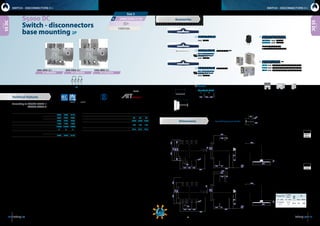 2524 dimensions:   inches   millimeters
S5DC
S5DC
A
S5-20002ES0 S5-25002ES0 S5-31502ES0
H max (Cu)
L max
(Cu)
M
in - mm in - mm Nxm lbfxin
0.12x0.47
3x12
3.15
80
M14 45 398
7.87  200
15.6  396
2.36
60
7.87  200
15.6  396
2.36
60
3150 A
2000 A
2500 A
2P
DS-PI4D DS-PI51 D5LPC45
2000  2500  3150
L
P
series
series
SWITCH - DISCONNECTORS O-ISWITCH - DISCONNECTORS O-I
Size 5
CODE - 2000A  CODE - 2500A  CODE - 3150A 
According to IEC / EN 60947-1
IEC / EN 60947-3
Switch - disconnectors
base mounting 2P
tests:
2000 2500 3150
Rated thermal current
in ambient at
RH 60%
Ith 40º C A 2000 2500 3150
50º C A 2000 2500 2850
60º C A 2000 2205 2500
Rated insulation voltage DC20 Ui V 1500 1500 1500
Rated dielectric strength 50 Hz., 1 min. V 10000 10000 10000
Rated impulse withstand voltage Uimp kV 8 8 8
Rated operational current
*(1)
  
Ie Ue
1000 Vdc A 2000 2500 3150
2000 2500 3150
Short - circuit behaviour
Short - circuit making capacity *(2)
Icm kA (peak) 80 80 80
Minimun number of mechanical operations *(3)
Cycles 2500 2500 2500
Minimum number of electrical operations
DC21B
1000V
Cycles 100 100 100
Maximum weight (without bridging links) Kg 47,3 47,3 47,3
*(1)
Other voltages and / or utilization categories. Please consult
*(2)
Without limiting protective device (short-circuit maintained 50... 200 ms.)
*(3)
Please consult us for more operations
*(P2)
To meet the operation and electrical features, the product
installed must incorporate these bridging links.
Accessories
Dimensions Panel drilling for panel handle
	Direct handle
	 CODE DS-LI41
	Panel handle  without shaft
	IP65  UL50E/NEMA 250
	 Types: 1, 3R, 4, 4X y 12
	 CODE DS-LA43
	Panel handle  shaft included *(e1)
	IP65  UL50E/NEMA 250
	 Types: 1, 3R, 4, 4X y 12
	 CODE DS-LA41
	Auxiliary contacts
	 1NA+1NC  CODE DS-AU11
	2NA+2NC  CODE DS-AU12
	 Ie = 16 A (resistive loads)
	 4 A (inductive loads) at 250 Vac.
	Shafts
Standard shaft included *(e1)
L P
9.41
239
16.5... 22.8
420... 580
	Bridging links *(P2)
	2000A CODE DS-PI51 (2 units) + D5LPC45 (4 units)
	2500A CODE  DS-PI51 (2 units) + D5LPC45 (4 units)
	3150A CODE DS-PI4D (2 units) + D5LPC45 (4 units)
S5000 DC
Technical features
1.10
28
1.57
40
ø0.22
ø5,5
ø1.34
ø34
17.4 441
13 3301.57
4010 255
1.42
36
3.94
100 21.7
551
9.53 2428.66 220
1.18
30
ø0.55
14,1
4.72
120
0.39
10
1.65
42
2.36
60
13.5
342
max 10.2  260
min 3.94  100
10.3  262
13.78 350
12.20 310
3.94
100
0.39
10
1.57
40
3.94
100
3.94
100
1.42
36
3.94
100
3.94
100
3.94
100
21.7
551
1.18 30
ø0.55
14,1
17.4 441
12.8 3259.65 245
10 255
4.72
120
0.39
10
1.65
42
2.36
60
13.5
342
max 10.2  260
min 3.94  100
10.3  262
13.78 350
12.20 310
11.4  290
3.94
100
0.39
10
1000 Vdc
consultconsult
 