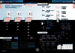 1110 dimensions:   inches   millimeters
L
P
1
2
S6000 DC
1 1’ 2’2
1 1’ 2’2
1 1’
2’2
2 2’
1’1
2L 2G 2A
2J 2B
2X
1S 2E
1M
2H 2C
2K 2D
2Y
1U 2F
1Q
1V
1W
2 1
2’ 1’
2 1
1’2’
2 1
1’2’
1 1’2
2’
1’1
1’1
1’1
1’1
1’
1 1’
1
2’ 1’1
2
1’2’2
1
2’
1 1’ 2
1’2’
2 1
2’ 1’
12
500 - 750 - 1000 Vdc
J
in - mm
125 A 0.98 25
160 A 0.98 25
200 A 0.98 25
250 A 0.98 25
315 A 0.98 25
400 A 1.18  30 *(5)
S6-0125 _ _ S0
S6-0250 _ _ S0
S6-0160 _ _ S0
S6-0315 _ _ S0
S6-0200 _ _ S0
S6-0400 _ _ D0
S6-0125 _ _ S0
S6-0250 _ _ S0
S6-0160 _ _ S0
S6-0315 _ _ S0
S6-0200 _ _ S0
S6-0400 _ _ D0
S6-0125 _ _ S0
S6-0250 _ _ S0
S6-0160 _ _ S0
S6-0315 _ _ S0
S6-0200 _ _ S0
S6-0400 _ _ D0
160A 160A 160A
315A 315A 315A
200A 200A 200A
400A 400A 400A
125A 125A 125A
250A 250A 250A
125  160  200  250  315  400A
ø0.77
ø19,5
1.1
28
1.6
40
2.6
65
ø0.22
ø5,5
ø1.3ø34
3.6  92
= =
1.6
40
1.1
28
ø0.22ø5,5
ø1.3
ø34
3.6 92
==
ø0.77
ø19,5
S max (Cu)
H max
(Cu)
L max (Cu) M
in - mm2
in - mm in - mm Nxm lbfxin
125 A 3.74  95 0.20  5 0.98  25 M10 18 159
160 A 3.74  95 0.20  5 0.98  25 M10 18 159
200 A 4.72  120 0.28  7 0.98  25 M10 18 159
250 A 5.91  150 0.28  7 0.98  25 M10 18 159
315 A 7.28  185 0.28  7 0.98  25 M10 18 159
400 A 9.45  240 *(5)
0.28  7 1.38  35 *(5)
M10 18 159
S6DC
S6DC
Switch - disconnectors
base mounting 1P - 2P
S6000 DC
Size 1
CODE - 500 Vdc  CODE - 750 Vdc  CODE - 1000 Vdc 
tests:
*(1)
Other voltages and / or utilization categories. Please consult
*(2)
Without limiting protective device (short-circuit maintained 50... 200 ms.)
*(3)
With limiting protective device which set a limit to peak value short-circuit making
capacity and maximum power dissipation
*(4)
Please consult us for more operations
125 160 200 250 315 400
Short - circuit behaviour
Rated short-circuit making
capacity *(2)
Icm kA (peak) 10 10 10 10 10 10
Rated short-time withstand
current (1sec)
Icw kA rms 10 10 10 10 10 10
Conditional short - circuit current *(3)
kA rms 100 100 100 100 100 100
Mechanical features
Minimun number of mechanical
operations *(4)
Cycles 200002000020000200002000020000
Maximum weight Consult according to code
Accessories
series
Dimensions
*(5) 
Using phase barriers DR-SF_ _   to maintain the required clerance .
125 160 200 250 315 400
Rated thermal
current
in ambient at
RH 60%
Ith 40º C A 125 160 200 250 315 400
50º C A 125 160 200 250 315 400
60º C A 125 160 200 250 315 315
Rated insulation voltage Ui (DC) V 1500 1500 1500 1500 1500 1500
Rated dielectric strength 50 Hz.,
1 min.
V 5000 5000 5000 5000 5000 5000
Rated impulse withstand voltage Uimp kV 12 12 12 12 12 12
Rated
operational
current *(1)
Ie
Code 500 Vdc
DC21B
A 125 160 200 250 315 400
Code 750 Vdc A 125 160 200 250 315 400
Code 1000 Vdc A 125 160 200 250 315 400
500 - 750 - 1000 Vdc
According to IEC / EN 60947-1
IEC / EN 60947-3
SWITCH - DISCONNECTORS O-I SWITCH - DISCONNECTORS O-I
series
series
	Safety key lock device
	 Simple	 CODE DS-CA11
	Double	CODE DS-CE11
	For external handle, lock the handle by means of a key in
position“OFF”(under request, in“ON”), the key can only be
removed with the handle locked
Simple Double
Panel drilling for handle and keylock device
	Phase barriers
	CODE  DR-SF11 (1 unit)
	CODE  DR-SF12 (2 units)
	CODE  DR-SF13 (3 units)
	Terminal shrouds
	CODE  DR-CU11 (1 unit)
	 CODE  DR-CU12 (1 unit)
	CODE  DR-CU13 (1 unit)
	Spacers
	 CODE  DR-EL11 (4 units)
	Direct handle
	 CODE DS-SI11
	Panel handle  without shaft
	IP65  UL50E/NEMA 250
	 Types: 1, 3R, 4, 4X y 12
	 CODE DS-SA14
	Panel handle  shaft included *(e1)
	IP65  UL50E/NEMA 250
	 Types: 1, 3R, 4, 4X y 12
	 CODE DS-SA11
	Auxiliary contacts
	 1NA+1NC  CODE D5LAU01
	2NA+2NC  CODE D5LAU02
	 Ie = 16 A (resistive loads)
	 4 A (inductive loads) at 250 Vac.
Panel drilling for panel handle
consult
5.51140
4.92
125
4,53
115
1.04
26,5
0.16
4
max. 6.53 166
min.0.52 13
5.13130
0,39
10
3.78
96
5.71 145
2.28
58
67
2.64
J
5.28
134
ø0.49
ø12,5
ø0.22
ø5,5
ø0.55
ø14
5.13130
16.3413
8.54217
7.6193
5.9150
1.97
50
6.49
165
4,53
115
8.07
205
4,53
115
7.28 185
2.28
58
7.24
184
4.21
107
1.97
50
1.97
50
ø0.49
ø12,5
ø0.22
ø5,5
ø0.55
ø14
J
8.85 225
3.86
98
4.21
107
8.43
214
7.34
183,5
1.97
50
1.97
50
1.97
50
ø0.49
ø12,5
ø0.22
ø5,5
ø0.55
ø14
J
1.10
28
1.57
40
ø0.22
ø5,5
ø1.34
ø34
	Shafts
Standard shaft included *(e1)
L P
8.94  227 4.06... 10.1  103... 256
Shaft extensions
Type 1
L P CODE
14.8  375 4.06... 16.3  103... 415 DS-EP14
Type 2
L P CODE
21.1  536 4.06... 22.7  103... 576 DS-EP15
Technical features
 