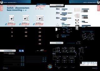 1312 dimensions:   inches   millimeters
*(d1)
*(d1)
1 1’ 2’2
1 1’ 2’2
1 1’
2’2
2 2’
1’1
2L 2G 2A
2J 2B
2X
1S 2E
1M
2H 2C
2K 2D
2Y
1U 2F
1Q
1V
1W
2 1
2’ 1’
2 1
1’2’
2 1
1’2’
1 1’2
2’
1’1
1’1
1’1
1’1
1’
1 1’
1
2’ 1’1
2
1’2’2
1
2’
1 1’ 2
1’2’
2 1
2’ 1’
12
L
P
500  630A
S6-0500 _ _ S0
S6-0630 _ _ S0 S6-0630 _ _ S0
S6-0500 _ _ S0
630A
500A
630A
500A
630A
500A
S6-0630 _ _ S0
S6-0500 _ _ S0
500 - 750 - 1000 Vdc
S max (Cu) H max (Cu)
L max
(Cu)
M
in - mm2
in - mm in - mm Nxm lbfxin
500 A 0.08x5.91  2x150 0.24  6 1.57  40 M10 24 212
630 A 0.08x7.28  2x185 0.08x0.20  2x5 1.57  40 M10 24 212
S6DC
S6DC
Switch - disconnectors
base mounting 1P - 2P
S6000 DC
tests:
According to IEC / EN 60947-1
IEC / EN 60947-3
Size 2
500 630
Rated thermal current
in ambient at
RH 60%
Ith 40º C A 500 630
50º C A 500 630
60º C A 500 630
Rated insulation voltage
(DC)
Ui
V 1500 1500
Rated dielectric strength 50 Hz., 1 min. V 8000 8000
Rated impulse withstand
voltage
Uimp
kV 12 12
Rated operational current *(1)
Ie Code 500 Vdc
DC21B
A 500 630
Code 750 Vdc A 500 630
Code 1000 Vdc A 500 630
*(1)
Other voltages and / or utilization categories. Please consult
*(2)
Without limiting protective device (short-circuit maintained 50... 200 ms.)
*(3)
With limiting protective device which set a limit to peak value short-circuit making
capacity and maximum power dissipation
*(4)
Please consult us for more operations
500 630
Short - circuit behaviour
Rated short-circuit making capacity *(2)
Icm kA (peak) 10 10
Rated short-time withstand current (1sec) Icw kA rms 10 10
Conditional short - circuit current *(3)
kA rms 100 100
Mechanical features
Minimun number of mechanical operations *(4)
Cycles 10000 10000
Maximum weight Consult according to code
CODE - 500 Vdc  CODE - 1000 Vdc CODE - 750 Vdc 
Accessories
Dimensions
SWITCH - DISCONNECTORS O-I SWITCH - DISCONNECTORS O-I
series
series
	Safety key lock device
	 Simple	 CODE DS-CB21
	Double	CODE DS-CF21
	For external handle, lock the handle by means of a key in
position“OFF”(under request, in“ON”), the key can only be
removed with the handle locked
Simple Double
Panel drilling for handle and keylock device
	Phase barriers
	CODE  DR-SF21 (1 unit)
	CODE  DR-SF22 (2 units)
	CODE  DR-SF23 (3 units)
	Terminal shrouds
	CODE  DR-CU21 (1 unit)
	 CODE  DR-CU22 (1 unit)
	CODE  DR-CU23 (1 unit)
	Spacers
	 CODE  DR-EL21 (4 units)
	Direct handle
	 CODE DS-LI21
	Panel handle  without shaft
	IP65  UL50E/NEMA 250
	 Types: 1, 3R, 4, 4X y 12
	 CODE DS-LA24
	Panel handle  shaft included *(e1)
	IP65  UL50E/NEMA 250
	 Types: 1, 3R, 4, 4X y 12
	 CODE DS-LA21
	Auxiliary contacts
	 1NA+1NC  CODE D5LAU01
	2NA+2NC  CODE D5LAU02
	 Ie = 16 A (resistive loads)
	 4 A (inductive loads) at 250 Vac.
Panel drilling for panel handle
*(d1)
Only for 500 A.
191
7.52
6.1
155
5,63
143
7.13 181
6.7
169,5
3.58 91
1.38
35
ø0.49ø12,5
ø0.26
ø6,5
ø0.62ø16
3.54 90
20.73526
10.79274
9.57243
7.52191
6.5165
2.56
65
9.29 236
8.8
222,5
3.58
91
5.71
145
2.56
65
2.56
65
1.38
35
ø0.49ø12,5
ø0.26
ø6,5
ø0.62ø16
232,5
9,15
11.3 286
11
279,5
5.55 141 5.71 145
2.56
65
1.38
35
ø0.49ø12,5
ø0.26
ø6,5
ø0.62ø16
8.28
210
5,63
143
10.2
260
5,63
143
max. 4.69 119
min. 0.51 13
6.5165
5.18 131,5
1.59
40,4
0.2
5
0,39
10
ø0.77
ø19,5
1.1
28
1.6
40
2.6
65
ø0.22
ø5,5
ø1.3ø34
3.6  92
= =
1.6
40
1.1
28
ø0.22ø5,5
ø1.3
ø34
3.6 92
==
ø0.77
ø19,5
1.10
28
1.57
40
ø0.22
ø5,5
ø1.34
ø34
	Shafts
Standard shaft included *(e1)
L P
7.68  195 5.28... 9.45  134... 240
Shaft extensions
Type 1
L P CODE
13.6  345 5.28... 15.7  134... 400 DS-EP23
Type 2
L P CODE
21.1  535 5.28... 22  134... 560 DS-EP24
Technical features
2.56
65
2.56
65
 