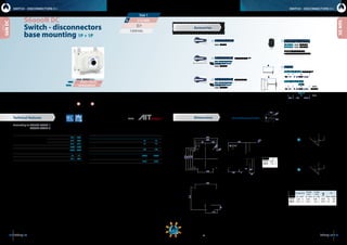1514 dimensions:   inches   millimeters
315  400A
400A
315A
S6N0400MQD0
S6N0315MQS0
1500 Vdc
S6NDC
S6NDC
M Q
1’1
1’1
L
P
S max (Cu)
H max
(Cu)
L max
(Cu)
M
in - mm2
in - mm in - mm Nxm lbfxin
315 A 7.28  185 0.28  7 0.98  25 M10 18 159
400 A 9.45  240 0.28  7 1.38  35 M10 18 159
J
315 A 0.98  25
400 A 1.18  30
4.53  115
1.77
45
8.86  225
ø0.4912,5
ø0.21
5,5
5.91  150
8.54 217
7.6 193
6.69 170
5.91 150
8.07  205
3.86  98
J
4.21  107 6.77  172
1.77
45
4
102
1.06
27
1.77
45
max 6.54  166
min 0.51  13
0.39
10
8.07  205
8.54 217
1
2
Switch - disconnectors
base mounting 1P + 1P
S6000N DC
Size 1
CODE - 1500 Vdc 
Accessories
Dimensions
SWITCH - DISCONNECTORS O-I SWITCH - DISCONNECTORS O-I
series
Panel drilling for panel handletests:
*(1)
Other voltages and / or utilization categories. Please consult
*(2)
Without limiting protective device (short-circuit maintained 50... 200 ms.)
*(3)
With limiting protective device which set a limit to peak value short-circuit making
capacity and maximum power dissipation
*(4)
Please consult us for more operations
*(c1)
Other configurations are available on request
315 400
Short - circuit behaviour
Rated short-circuit making capacity *(2)
Icm kA (peak) 10 10
Rated short-time withstand current
(1sec)
Icw kA rms 10 10
Conditional short - circuit current *(3)
kA rms 100 100
Mechanical features
Minimun number of mechanical operations
*(4)
Cycles 20000 20000
Maximum weight Kg 4,25 4,29
315 400
Rated thermal current
in ambient at
RH 60%
Ith 40º C A 315 400
50º C A 315 400
60º C A 315 315
Rated insulation voltage Ui (DC) V 1500 1500
Rated dielectric strength 50 Hz.,
1 min.
V 5000 5000
Rated impulse withstand voltage Uimp kV 12 12
Rated operational current *(1)
Ie 1500 Vdc DC21B A 315 400
According to IEC / EN 60947-1
IEC / EN 60947-3
	Direct handle
	 CODE DS-SI11
	Panel handle  without shaft
	IP65  UL50E/NEMA 250
	 Types: 1, 3R, 4, 4X y 12
	 CODE DS-SA14
	Panel handle  shaft included *(e1)
	IP65  UL50E/NEMA 250
	 Types: 1, 3R, 4, 4X y 12
	 CODE DS-SA11
	Shafts
Standard shaft included *(e1)
L P
8.9  227 7  179... 16  398,5
Shaft extensions
Type 1
L P CODE
15  375 7  179... 16  398,5 DS-EP14
Type 2
L P CODE
21  536 7  179... 28  707,5 DS-EP15
	Auxiliary contacts
	 1NA+1NC  CODE D5LAU01
	2NA+2NC  CODE D5LAU02
	 Ie = 16 A (resistive loads)
	 4 A (inductive loads) at 250 Vac.
*(c1)
1.10
28
1.57
40
ø0.22
ø5,5
ø1.34
ø34
0.16
4
0.16
4
Technical features
 