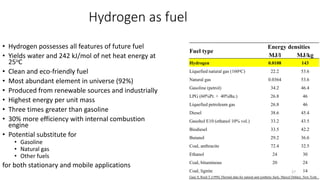 Hydrogen as fuel
• Hydrogen possesses all features of future fuel
• Yields water and 242 kJ/mol of net heat energy at
25oC
• Clean and eco-friendly fuel
• Most abundant element in universe (92%)
• Produced from renewable sources and industrially
• Highest energy per unit mass
• Three times greater than gasoline
• 30% more efficiency with internal combustion
engine
• Potential substitute for
• Gasoline
• Natural gas
• Other fuels
for both stationary and mobile applications
Fuel type
Energy densities
MJ/l MJ/kg
Hydrogen 0.0108 143
Liquefied natural gas (160oC) 22.2 53.6
Natural gas 0.0364 53.6
Gasoline (petrol) 34.2 46.4
LPG (60%Pr. + 40%Bu.) 26.8 46
Liquefied petroleum gas 26.8 46
Diesel 38.6 45.4
Gasohol E10 (ethanol 10% vol.) 33.2 43.5
Biodiesel 33.5 42.2
Butanol 29.2 36.6
Coal, anthracite 72.4 32.5
Ethanol 24 30
Coal, bituminous 20 24
Coal, lignite 14
Gaur S, Reed T (1998) Thermal data for natural and synthetic fuels. Marcel Dekker, New York
17
 