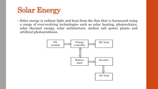 Solar Energy
• Solar energy is radiant light and heat from the Sun that is harnessed using
a range of ever-evolving technologies such as solar heating, photovoltaics,
solar thermal energy, solar architecture, molten salt power plants and
artificial photosynthesis.
 