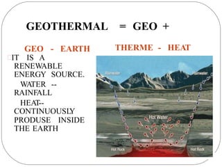 GEOTHERMAL = GEO +
THERME - HEAT
GEO - EARTH
IT IS A
RENEWABLE
ENERGY SOURCE.
WATER --
RAINFALL
HEAT--
CONTINUOUSL
Y
PRODUSE INSIDE
THE EARTH
 