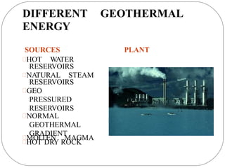 DIFFERENT
ENERGY
GEOTHERMAL
SOURCES PLANT
HOT WATER
RESERVOIRS
NATURAL STEAM
RESERVOIRS
GEO
PRESSURED
RESERVOIRS
NORMAL
GEOTHERMAL
GRADIENT
HOT DRY ROCK
MOL
TEN MAGMA
 