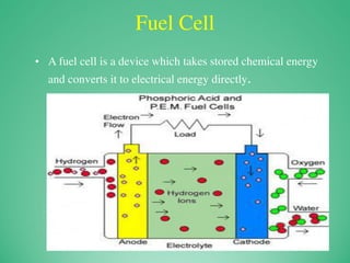 Fuel Cell
• A fuel cell is a device which takes stored chemical energy
and converts it to electrical energy directly.
 