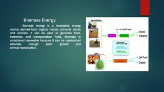 Biomass Energy
Biomass energy is a renewable energy
source derived from organic matter, primarily plants
and animals. It can be used to generate heat,
electricity, and transportation fuels. Biomass is
considered renewable because it can be replenished
naturally through plant growth and
animal reproduction.
 